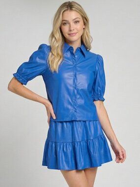 Faux Leather 2 Piece Set Puff Sleeve Top and Ruffle Skirt
